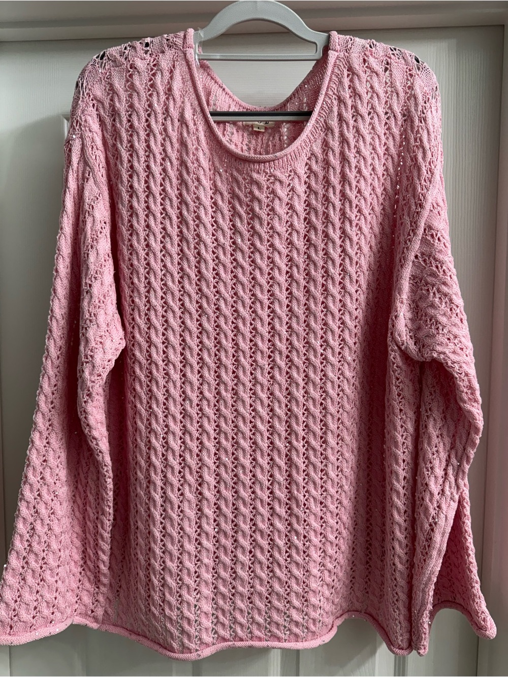 POL open weave pink sweater with bling sewn in. Size L. NWOT!!
